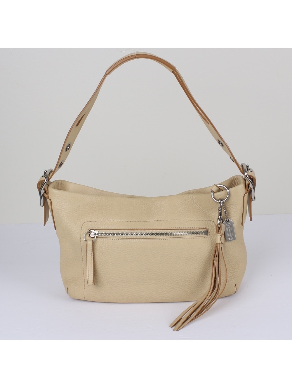 Vintage Coach Legacy 2188 East West Pebbled Leather Tassel Hobo Bag Beige Y2K